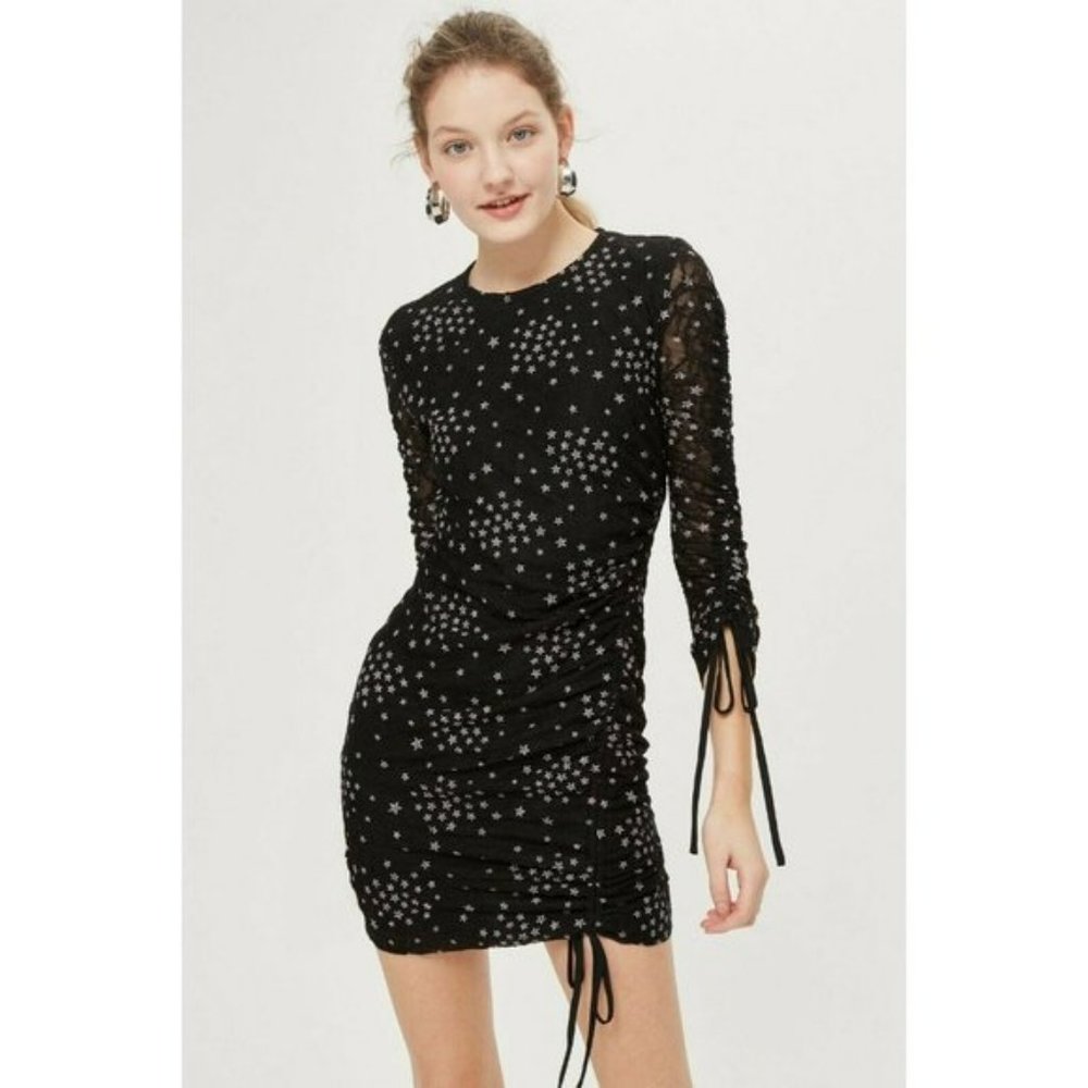 Topshop Star Print Ruched Lace Bodycon Dress Black Purple